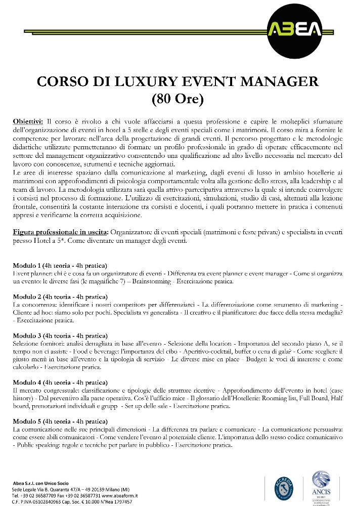 1 CORSO LUXURY EVENT MANAGER  80h